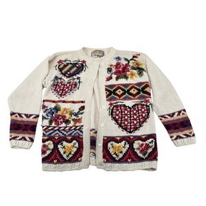 Crystal-Kobe Vintage Floral Heart Embroidered Cardigan Cream Ramie Cotton L/G